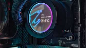 An image showing a liquid cooler waterblock displaying the CPU temperature.