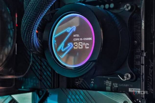 An image showing a liquid cooler waterblock displaying the CPU temperature.