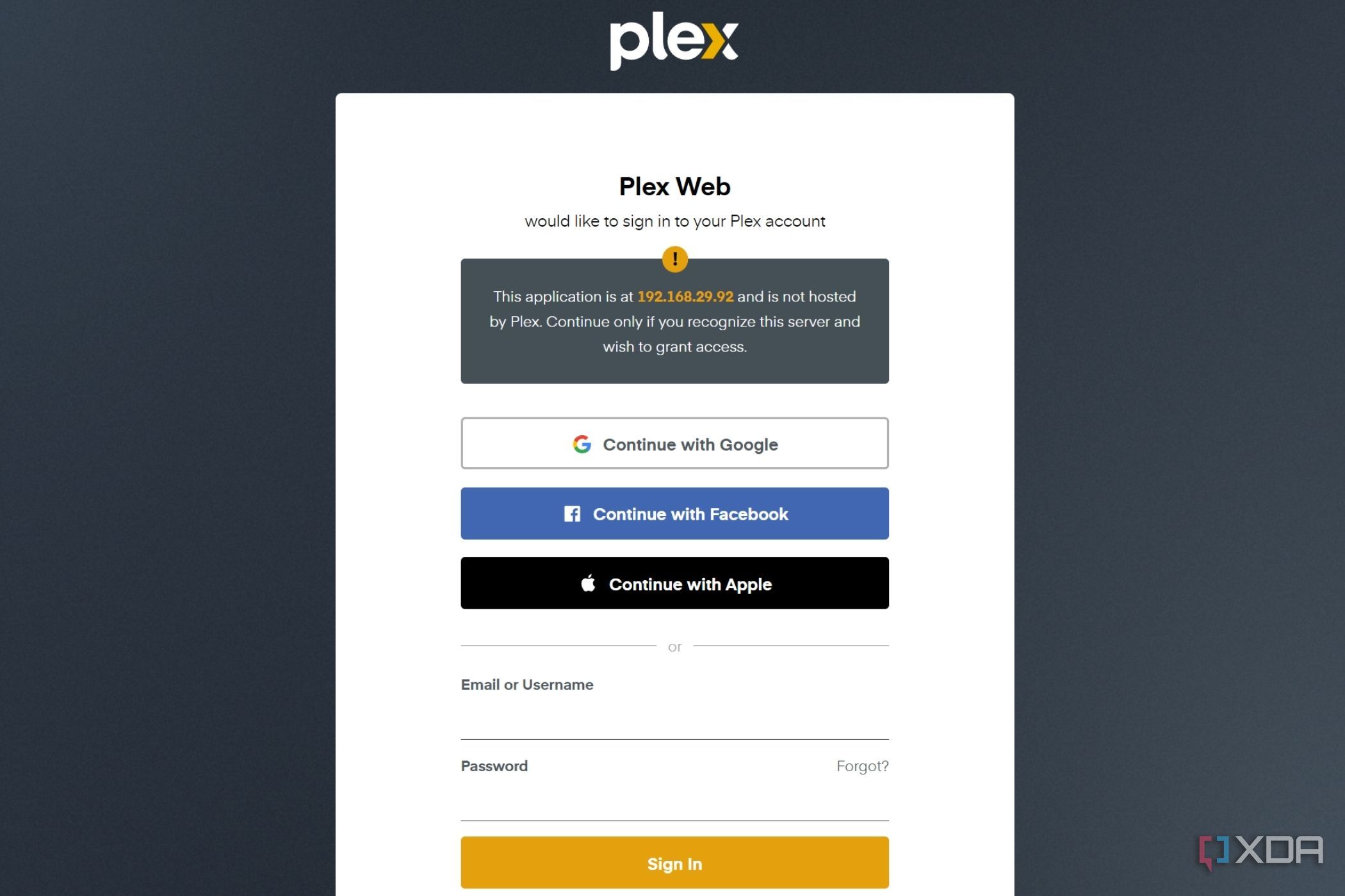 A screenshot showing a login screen on Plex web interface.
