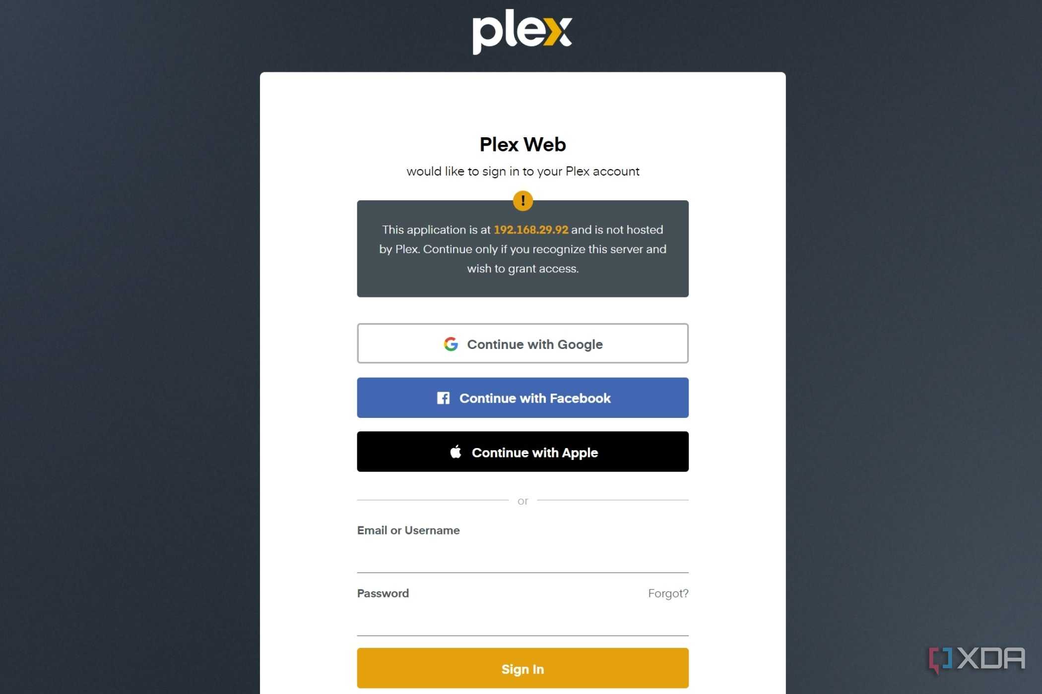 A screenshot showing a login screen on Plex web interface.