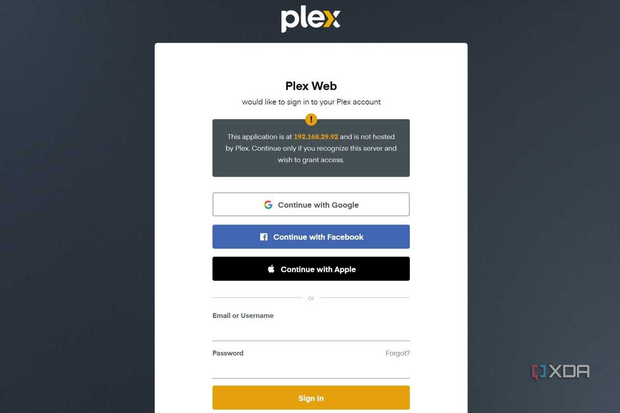 A screenshot showing a login screen on Plex web interface.