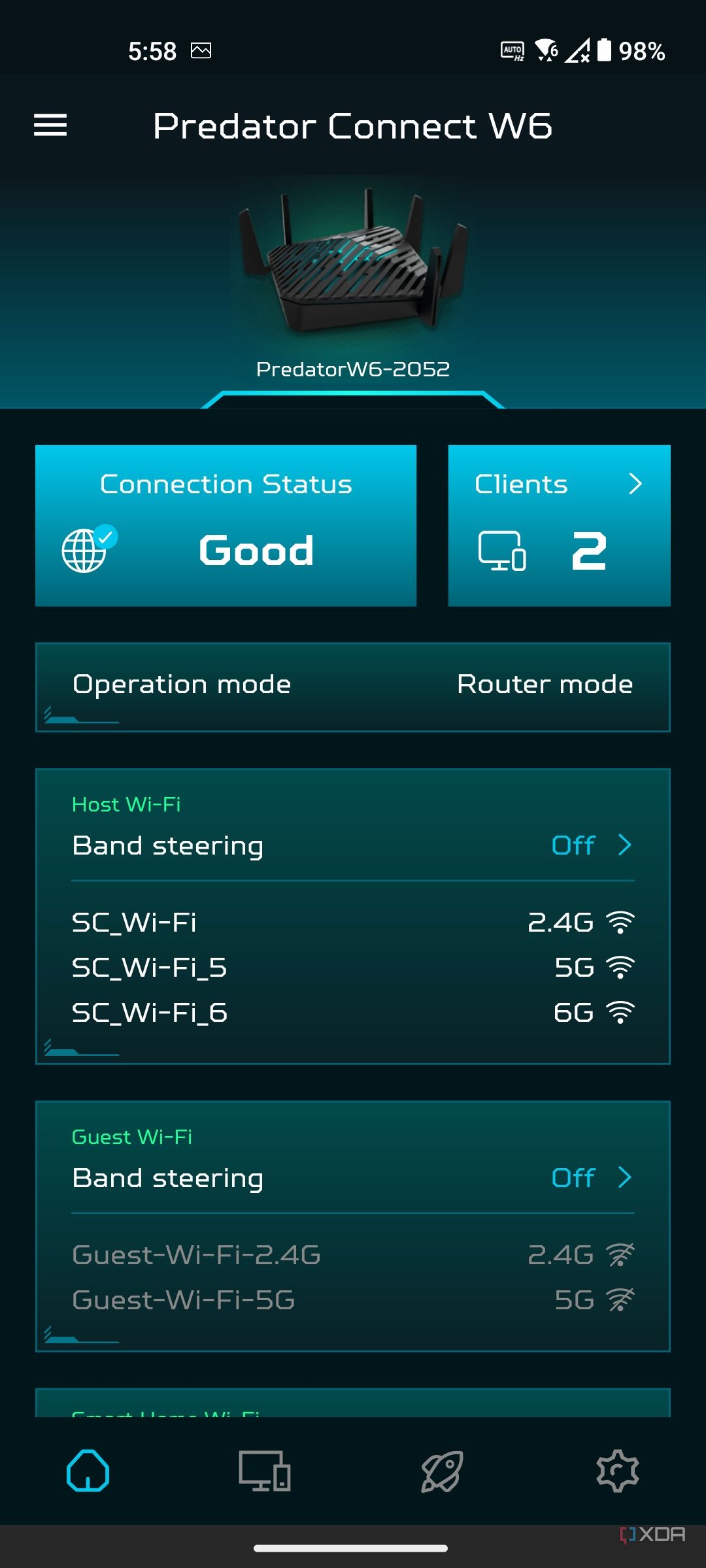 Acer Predator Connect W6 Wi-fi 6E router Android app home page