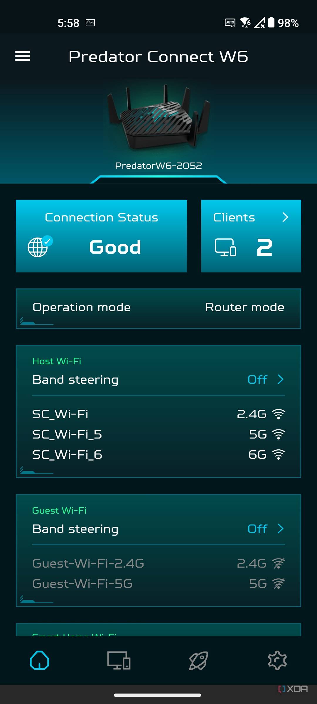 Acer Predator Connect W6 Wi-fi 6E router Android app home page