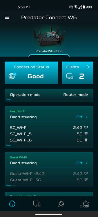 Acer Predator Connect W6 Wi-fi 6E router Android app home page