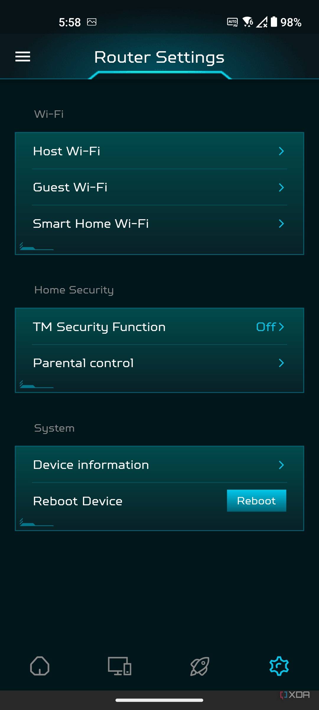 Acer Predator Connect W6 Wi-fi 6E router Android app router settings page