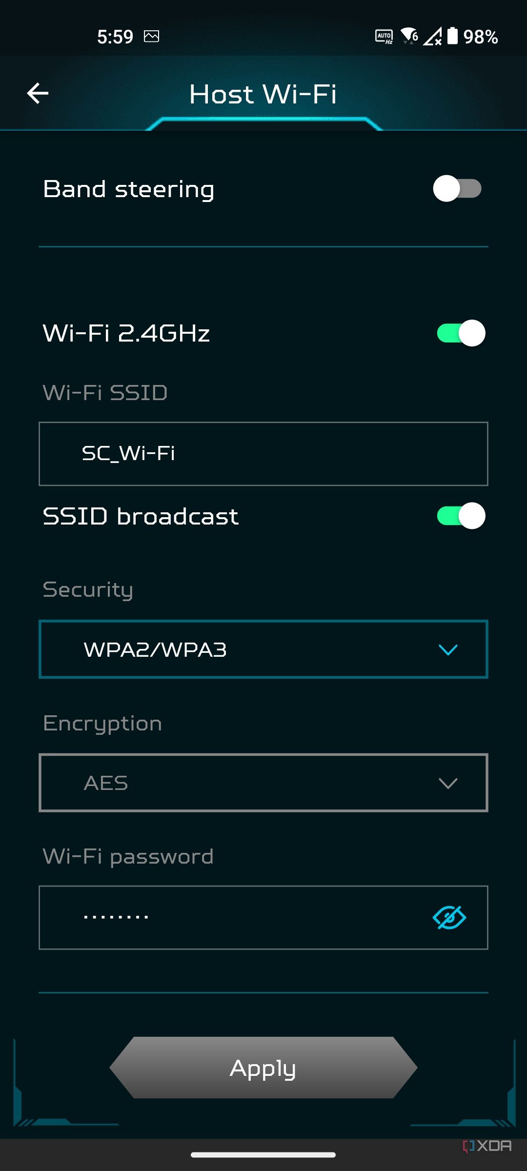 Acer Predator Connect W6 Wi-fi 6E router Android app Primary host Wi-Fi settings.