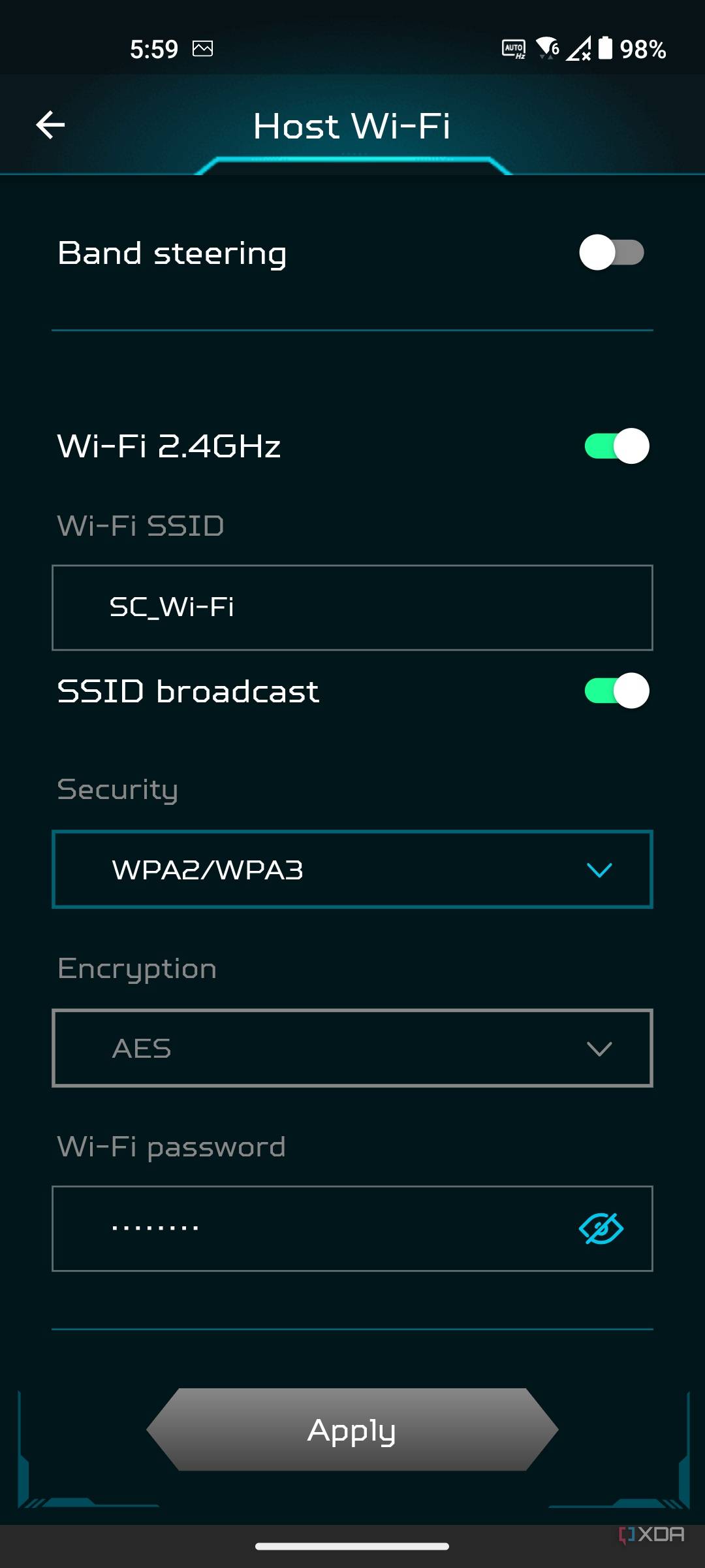 Acer Predator Connect W6 Wi-fi 6E router Android app Primary host Wi-Fi settings.