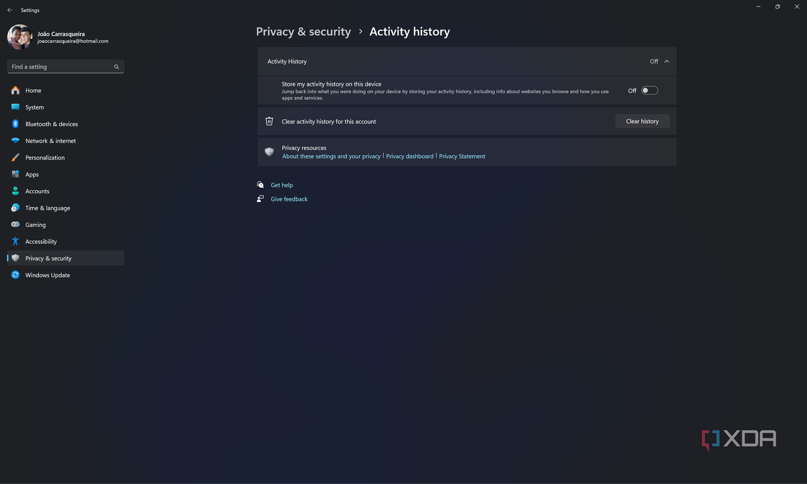 Screenshot of activity history in Windows 11 Settings