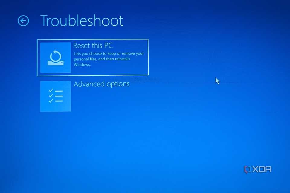 Advanced options reset this pc screen