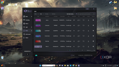 A screenshot of the Akko Cloud Driver software, displaying the share screen menu, where you can choose custom RGB light profiles submitted by other users