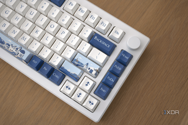 An image displaying half of the Akko Santorini keyboard face at an angle