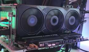 An image showing an AMD Radeon 7900 XT GPU installed on a test bench.
