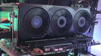 An image showing an AMD Radeon 7900 XT GPU installed on a test bench.