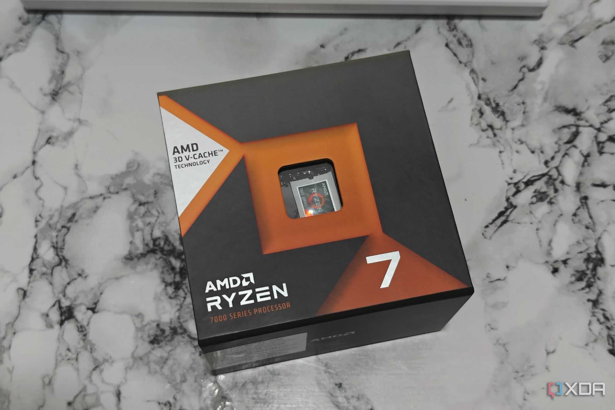 An image showing an empty retail box for the Ryzen 7 7800X3D CPU.