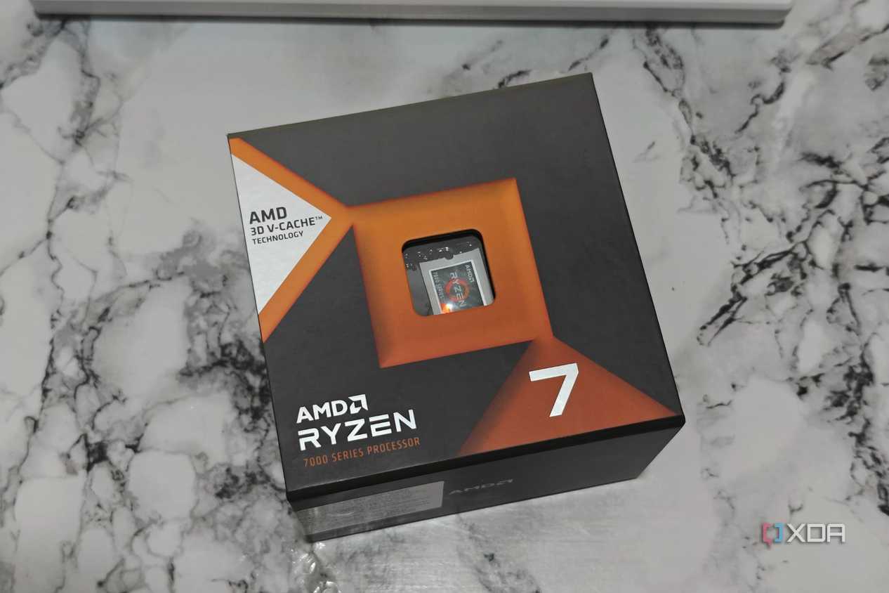 An image showing an empty retail box for the Ryzen 7 7800X3D CPU.