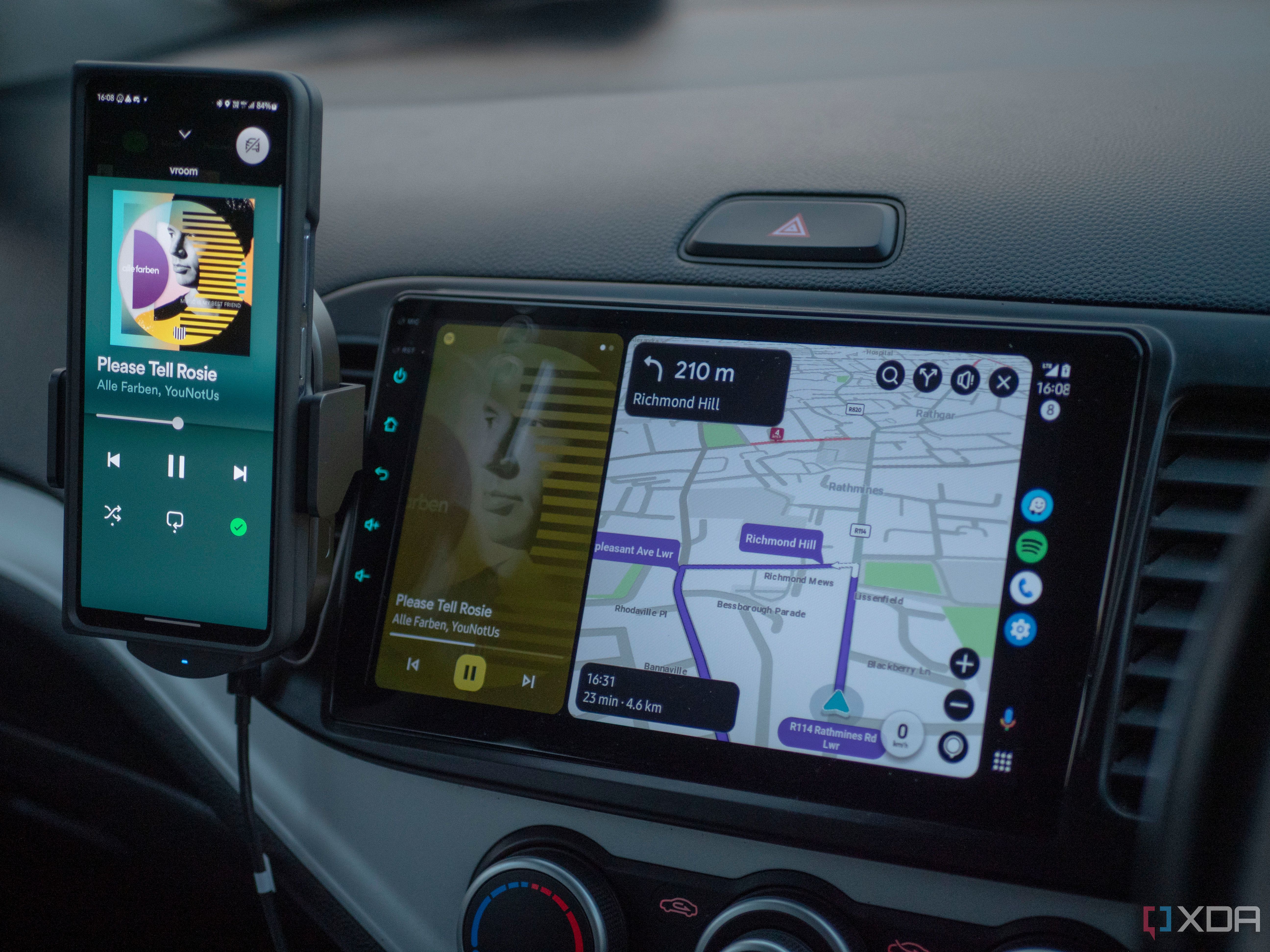 Android Car Head unit installed in a Kia Picanto 2015 showing Google Maps and Spotify.