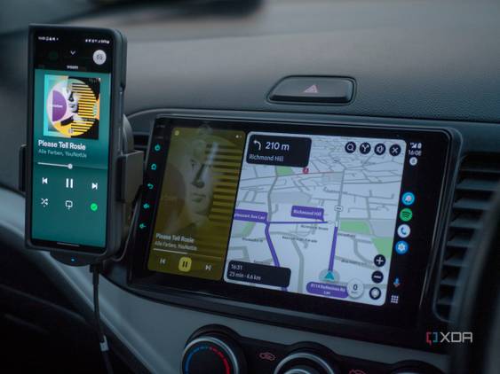 Android Car Head unit installed in a Kia Picanto 2015 showing Google Maps and Spotify.