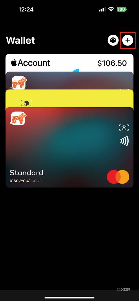 Apple wallet on iPhone with plus button in top right corner