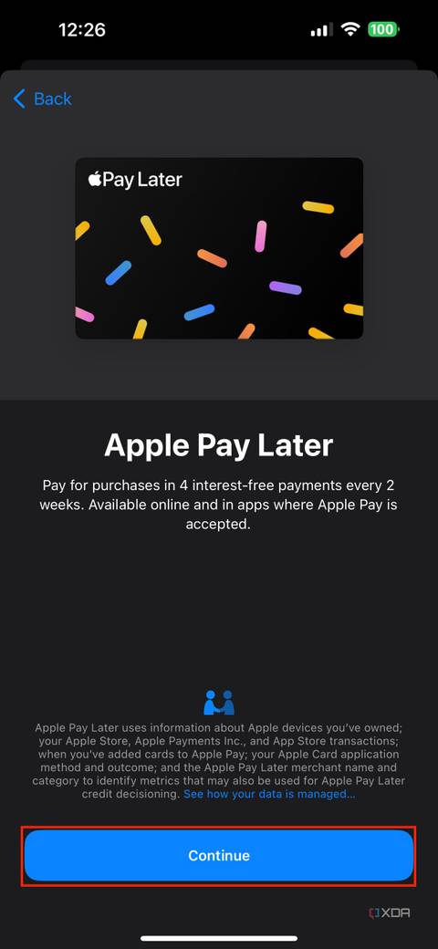 Apple Pay Later splash screen with continue button