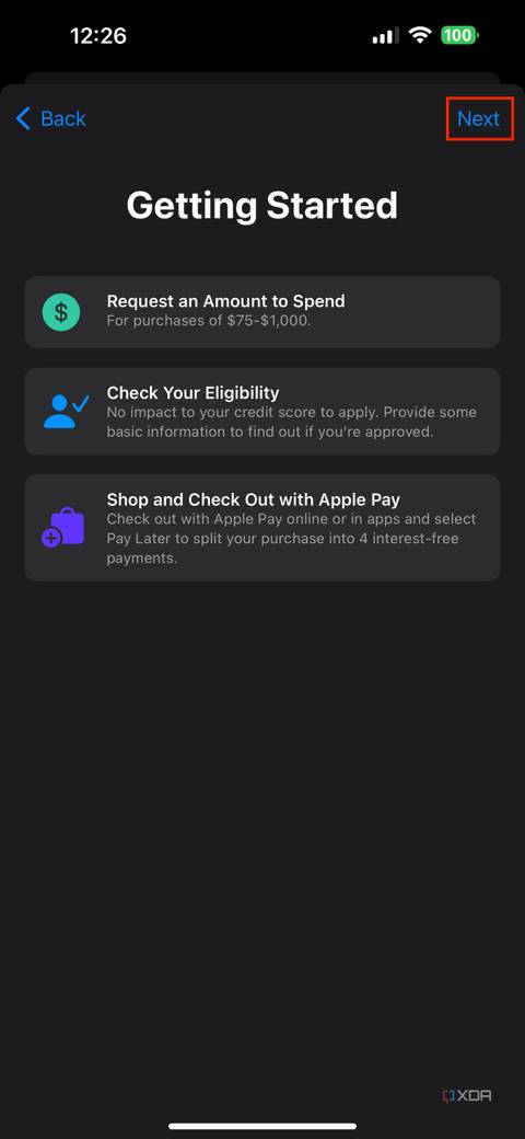 Apple Pay Later summary in the wallet app with a next button
