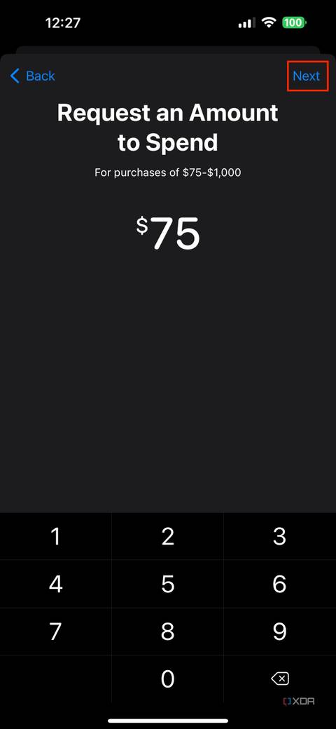 requesting a $75 loan through Apple Pay Later with a next button