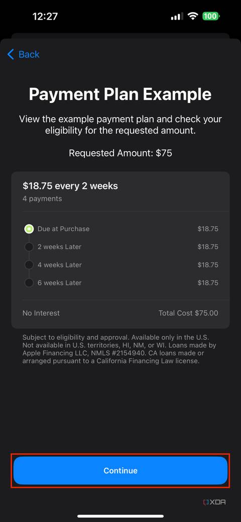 Apple Pay Later payment plan summary highlighting upcoming payments with a continue button