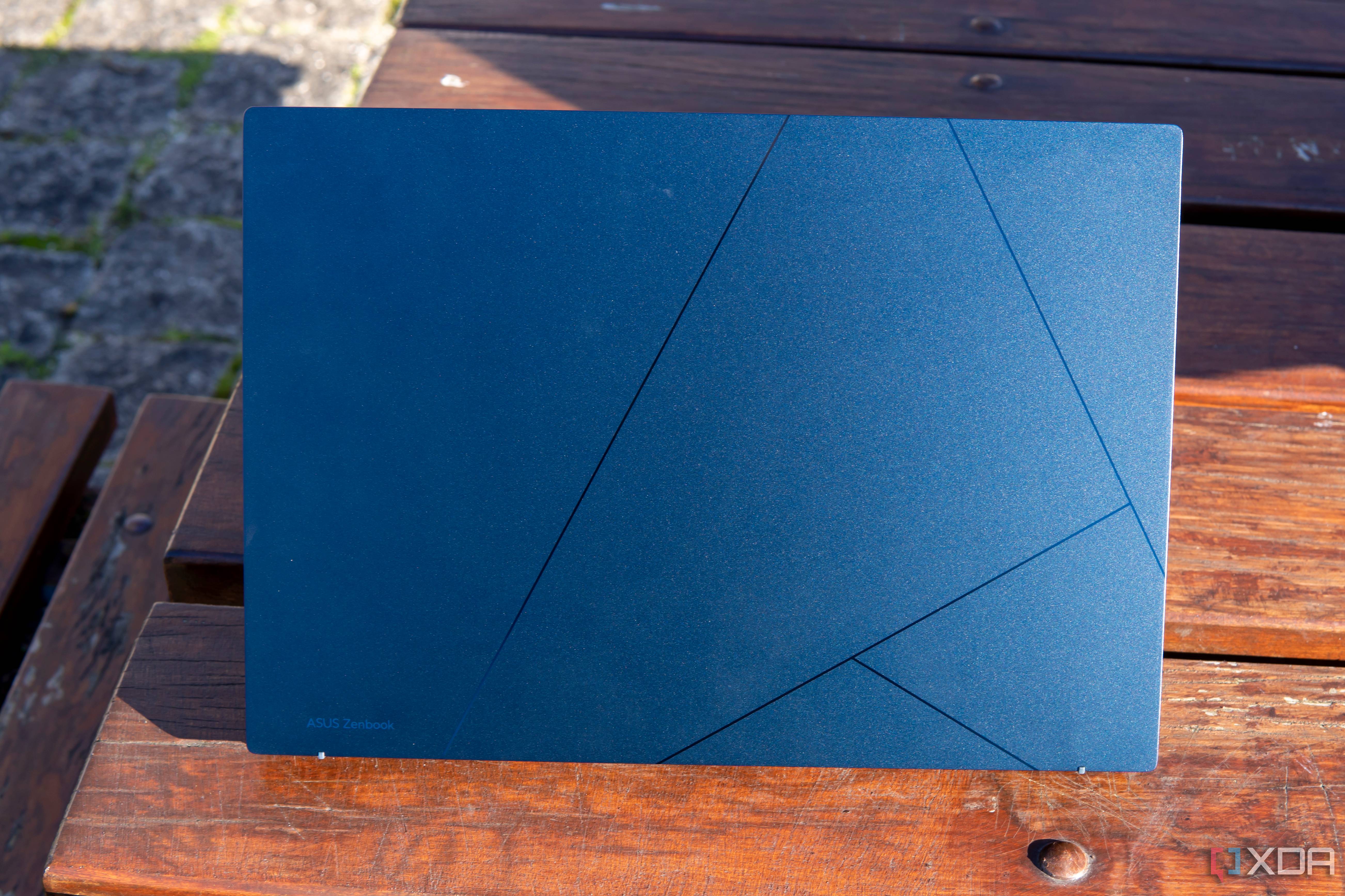 Rear view of the Asus Zenbook 14 OLED with the lid open