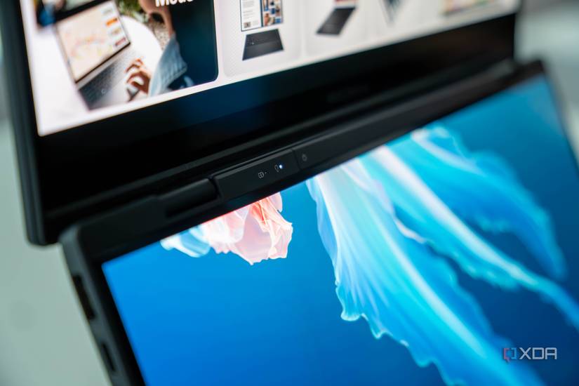 Close up of the hinge and area between displays on the Zenbook Duo