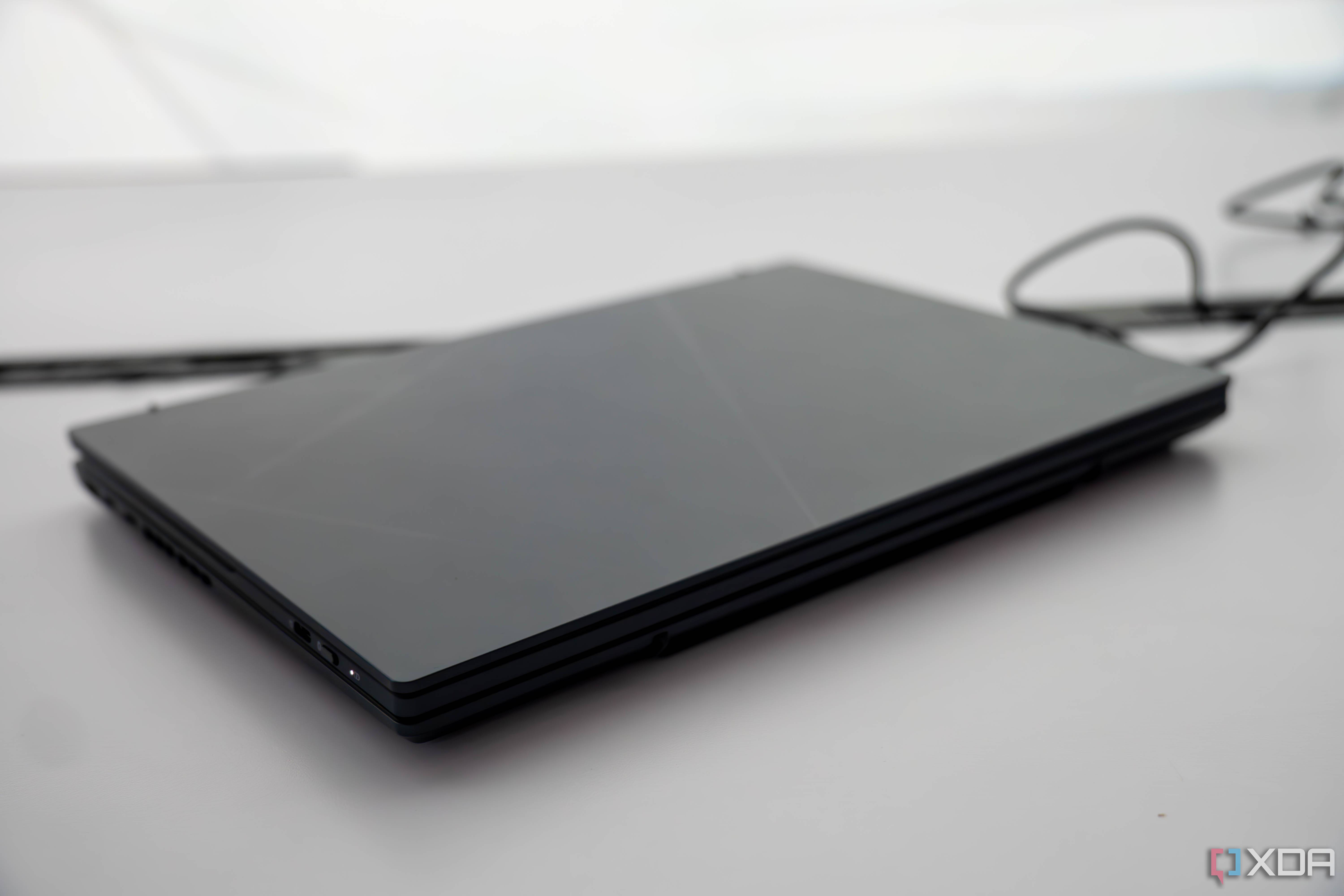 Asus Zenbook Duo closed, angled view