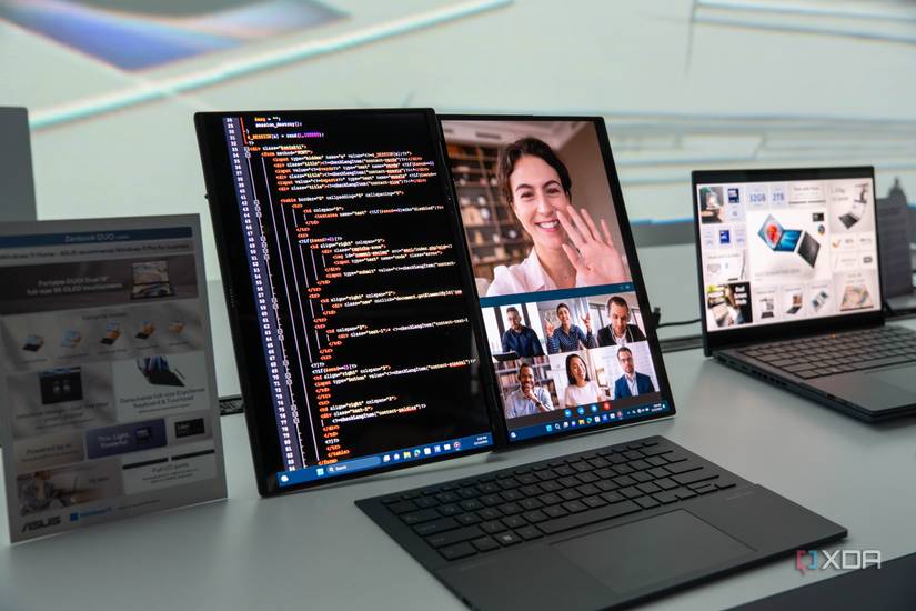 Asus Zenbook Duo with the screens shown side by side with a wireless keyboard in front of it