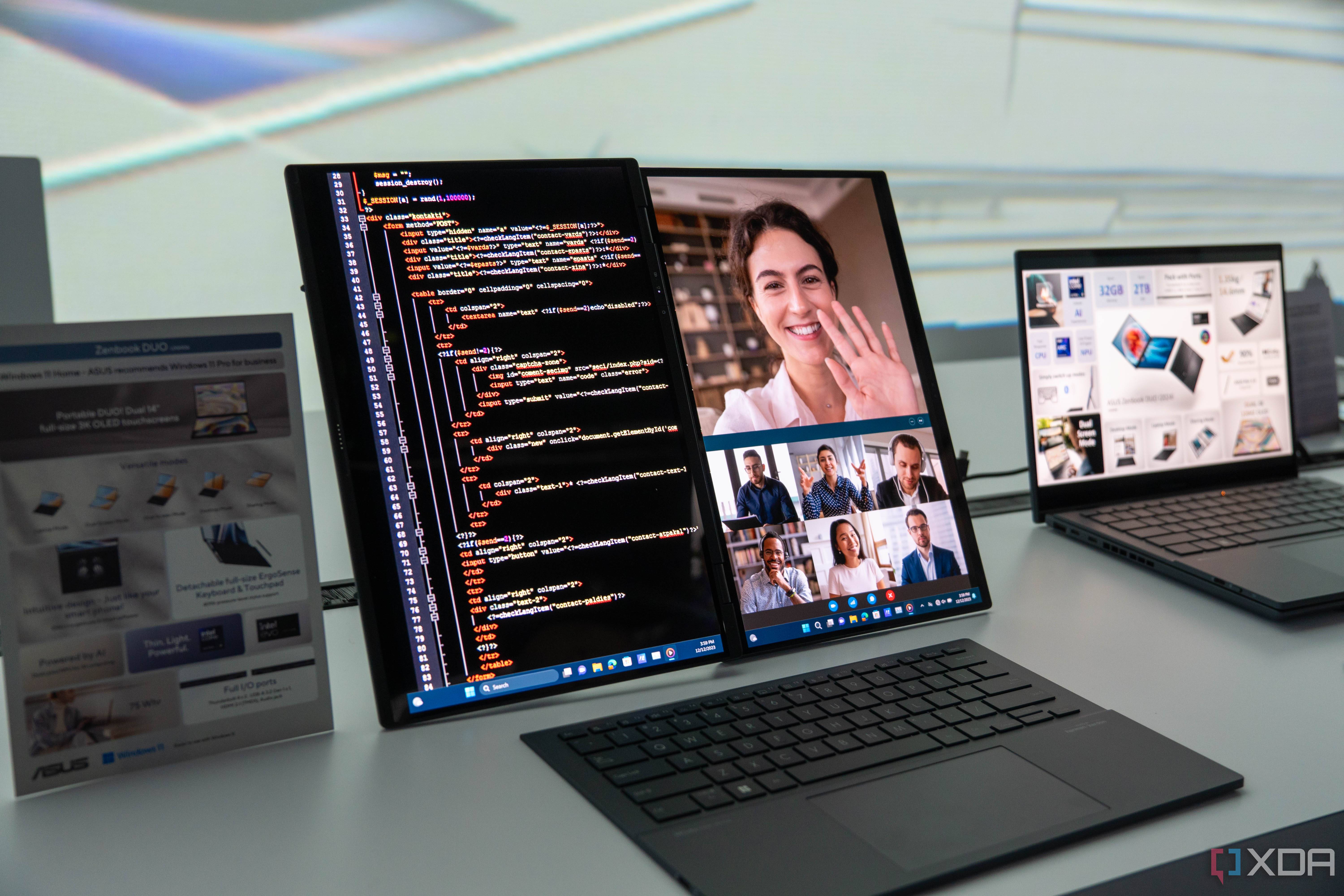 Asus Zenbook Duo with the screens shown side by side with a wireless keyboard in front of it