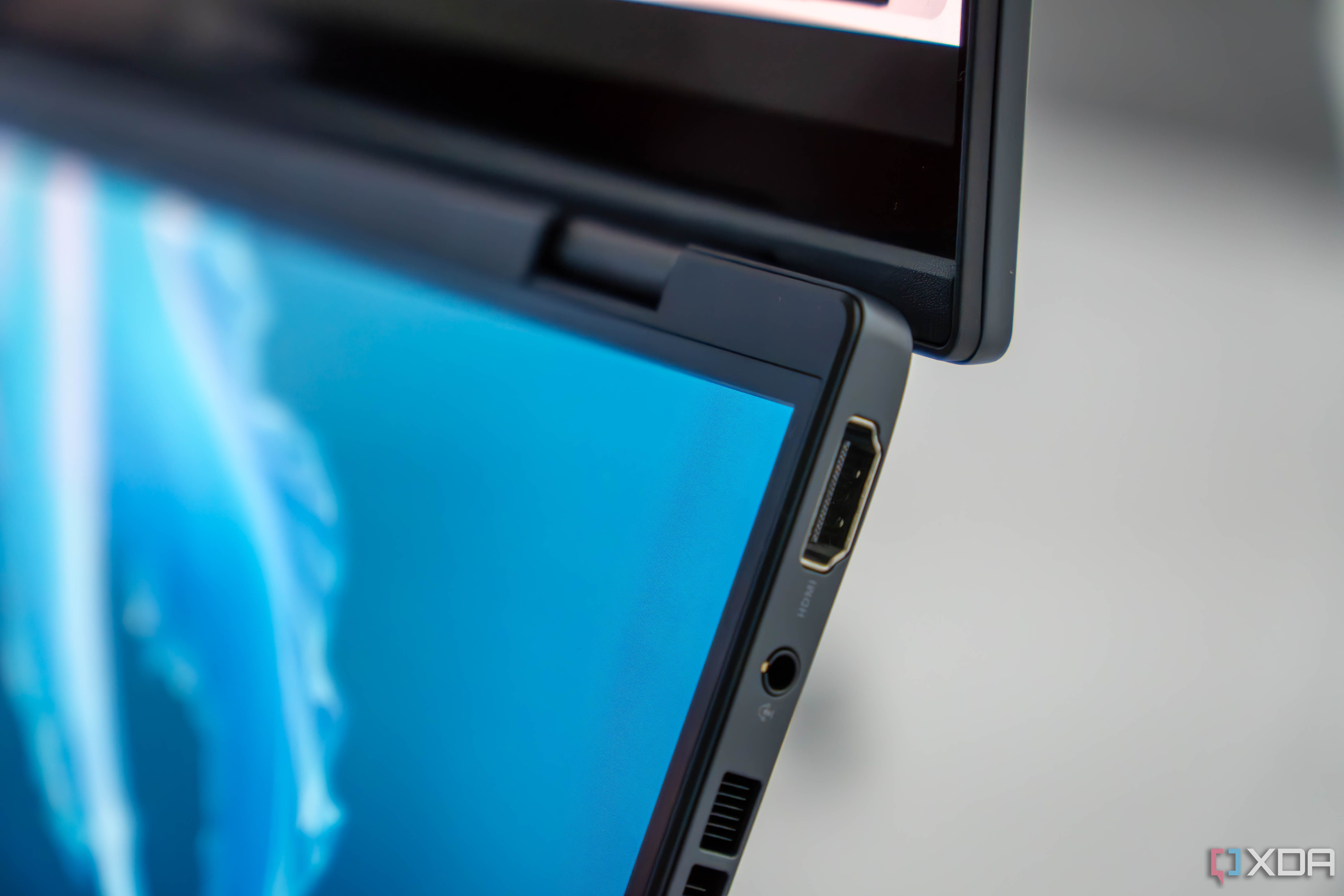 Closeup of HDMI port on dual-screen laptop