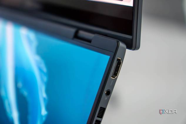 Closeup of HDMI port on dual-screen laptop