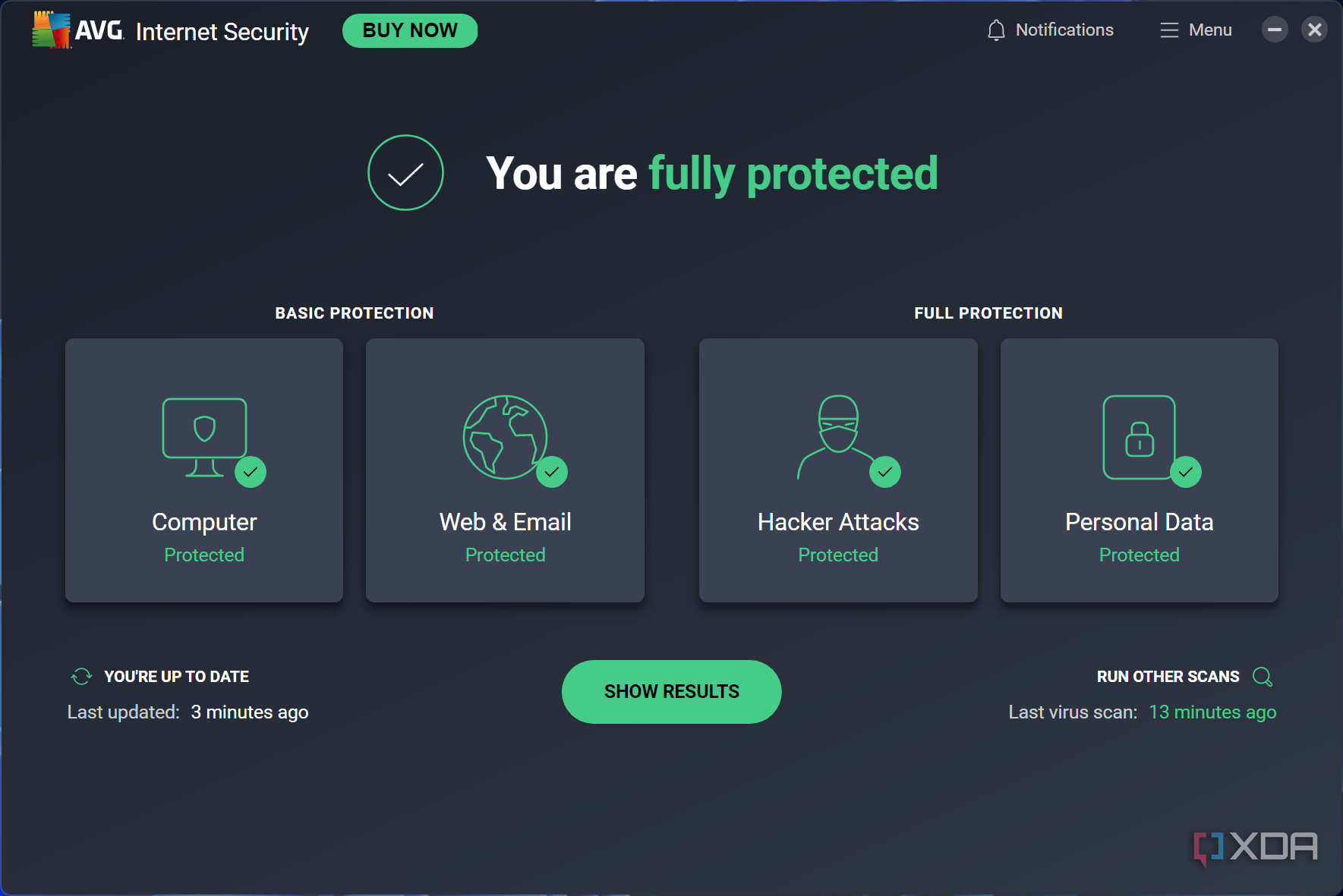 Screenshot of the homepage of AVG Internet Security