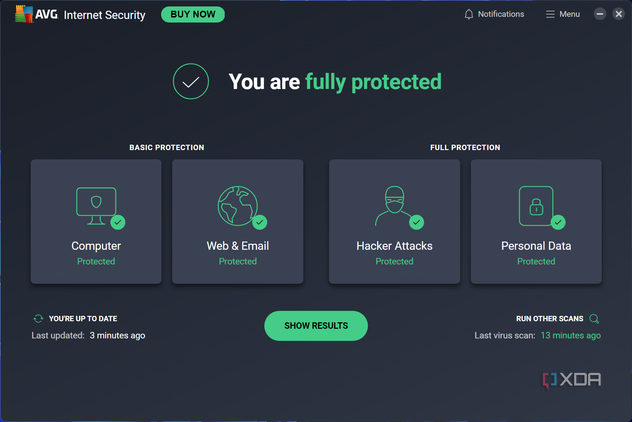 Screenshot of the homepage of AVG Internet Security