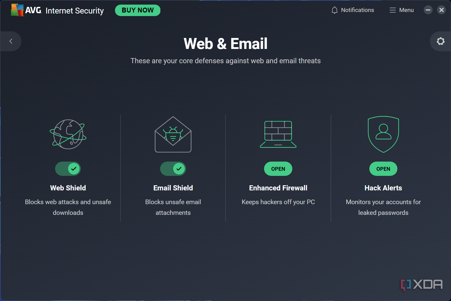 Screenshot of the web & email page of AVG Internet Security