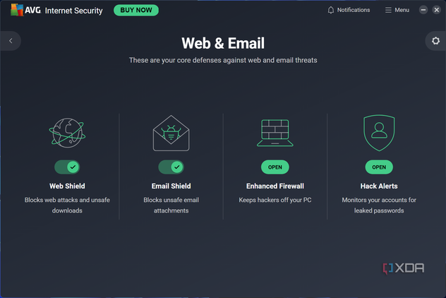 Screenshot of the web & email page of AVG Internet Security