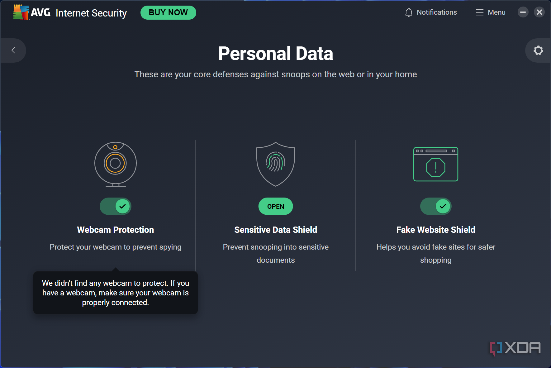 Screenshot of the personal data page of AVG Internet Security