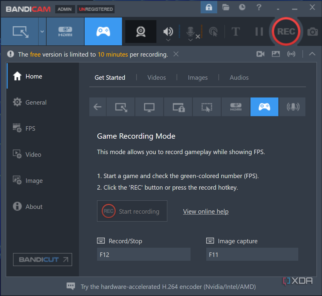 Screenshot of the Bandicam recording screen in game recording mode