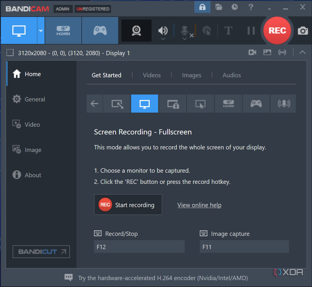 Screenshot of the Bandicam recording screen in full screen recording mode