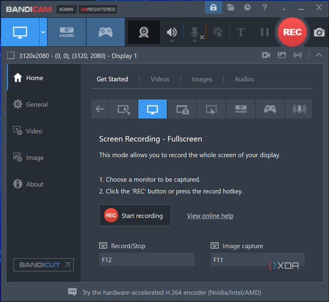 Screenshot of the Bandicam recording screen in full screen recording mode