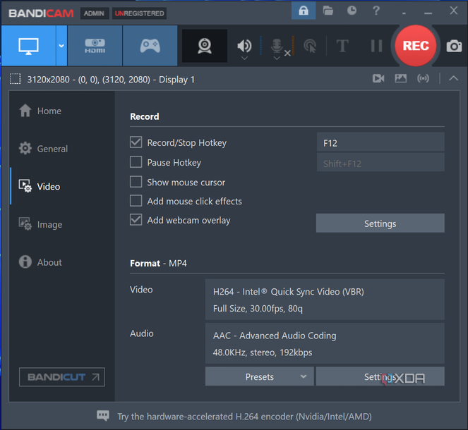 Screenshot of the video recording settings in game recording mode