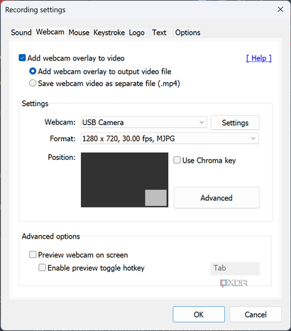 Screenshot of webcam settings in Bandicam