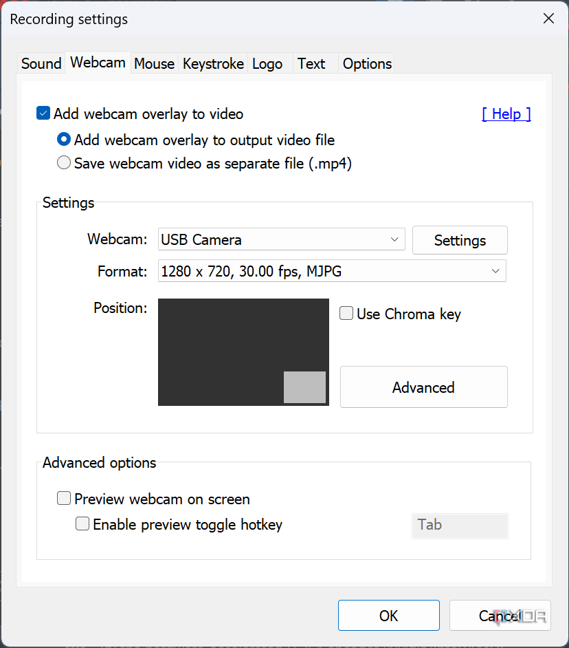 Screenshot of webcam settings in Bandicam