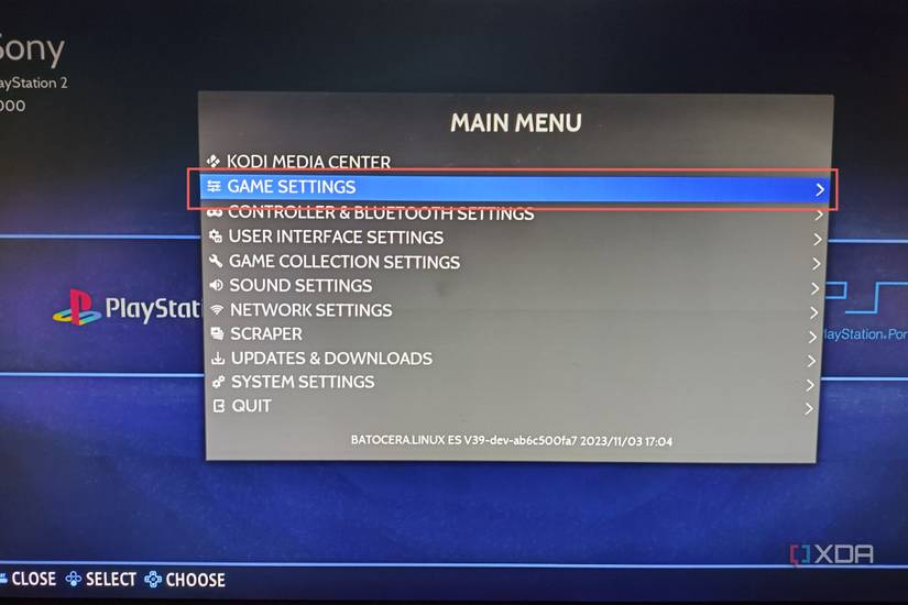 A screenshot of Batocera with the Game Settings highlighted