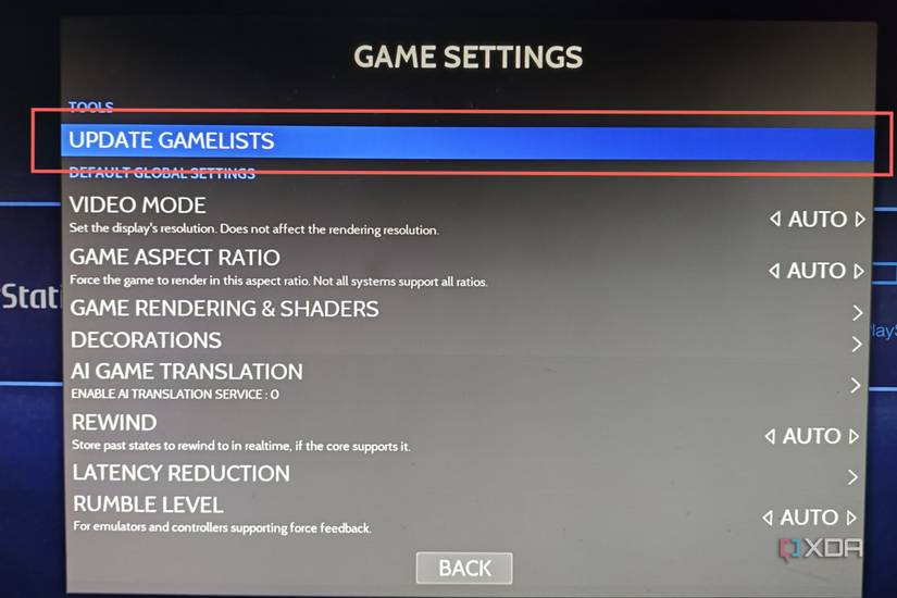 A screenshot of Batocera with the Update Gamelists option highlighted