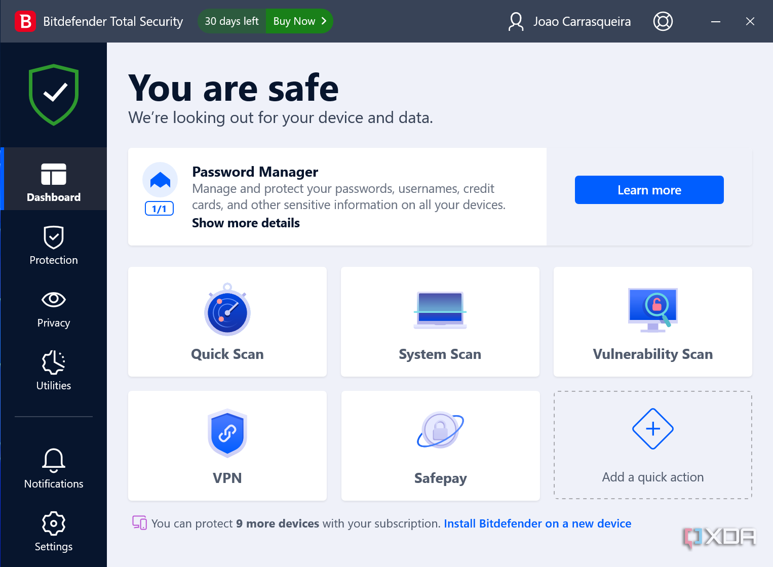 Screenshot of home page in Bitdefender Total Security