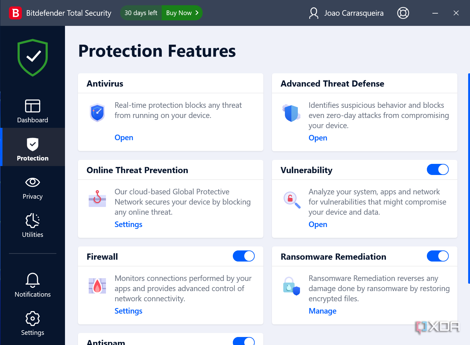 Screenshot of protection features page in Bitdefender Total Security