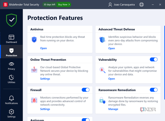Screenshot of protection features page in Bitdefender Total Security
