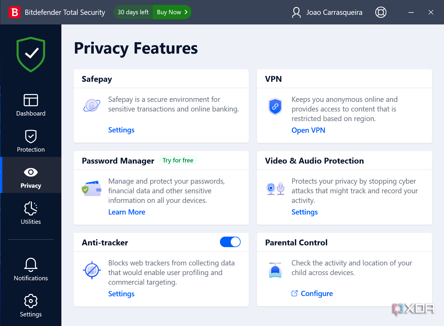 Screenshot of privacy features page in Bitdefender Total Security